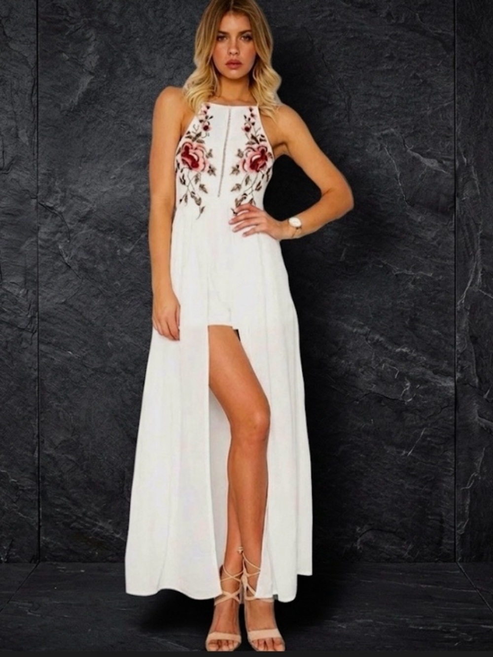 White Floral Embroidered Halter Maxi Dress With Attached Shorts Romper